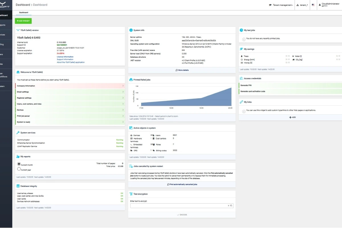 Print management software dashboard showing usage charts and cost data
