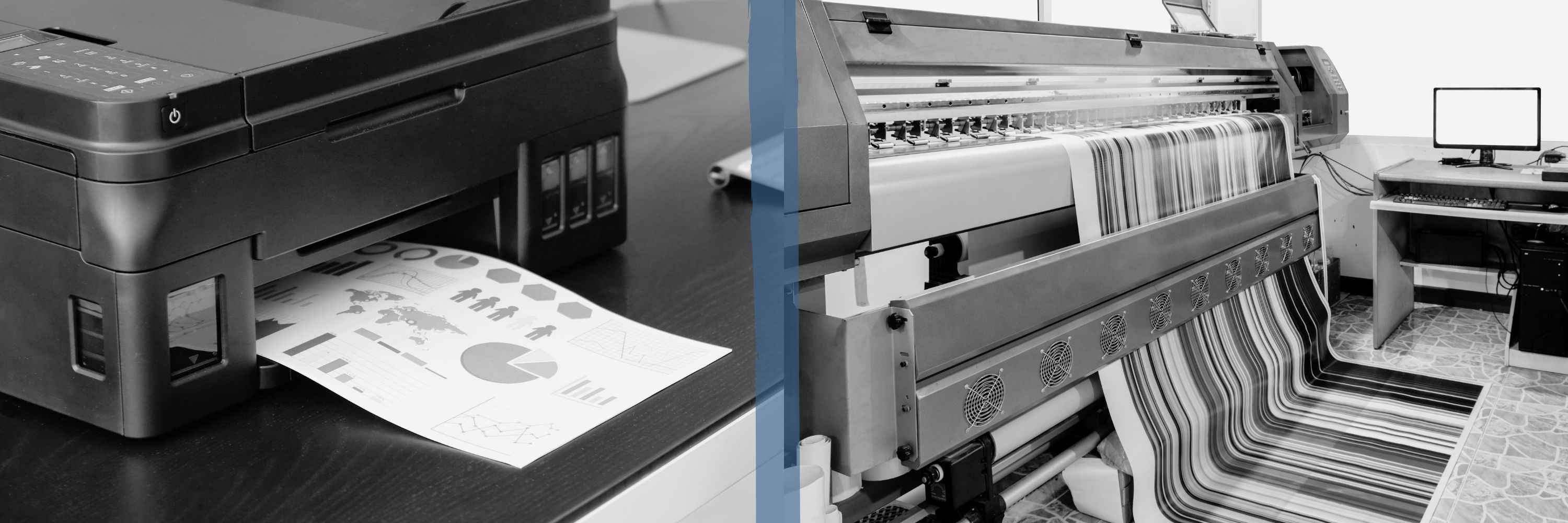 An office printer and a production printer side by side printing material