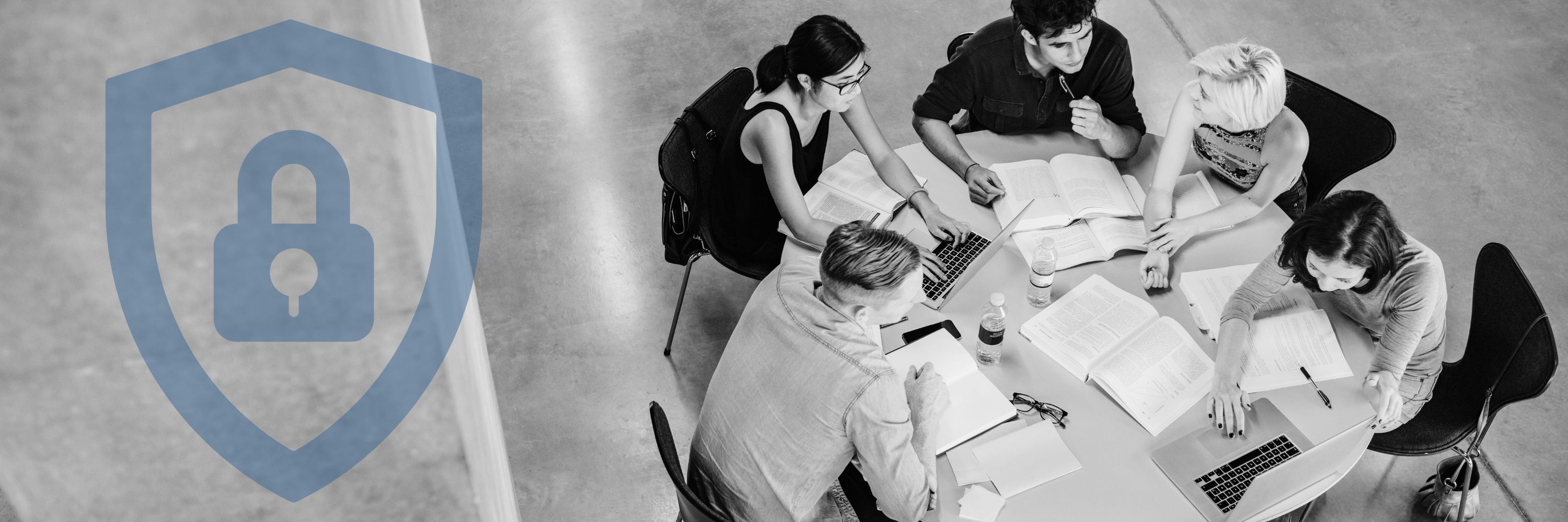 A group of students study in a table with a graphic overlay of a safeguard