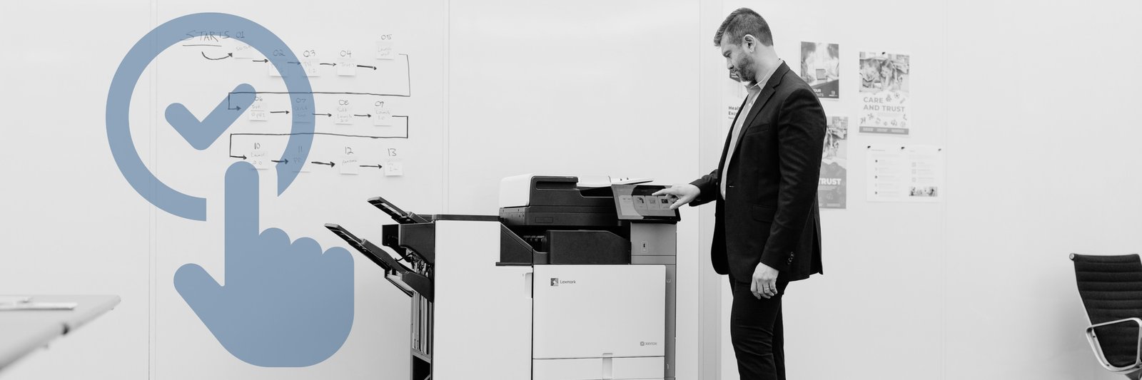 Person using Xerox 9-Series printer in office setting