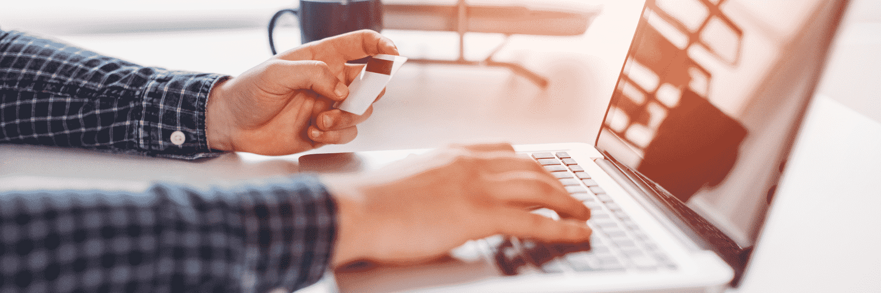 Person on a computer with a credit card in hand