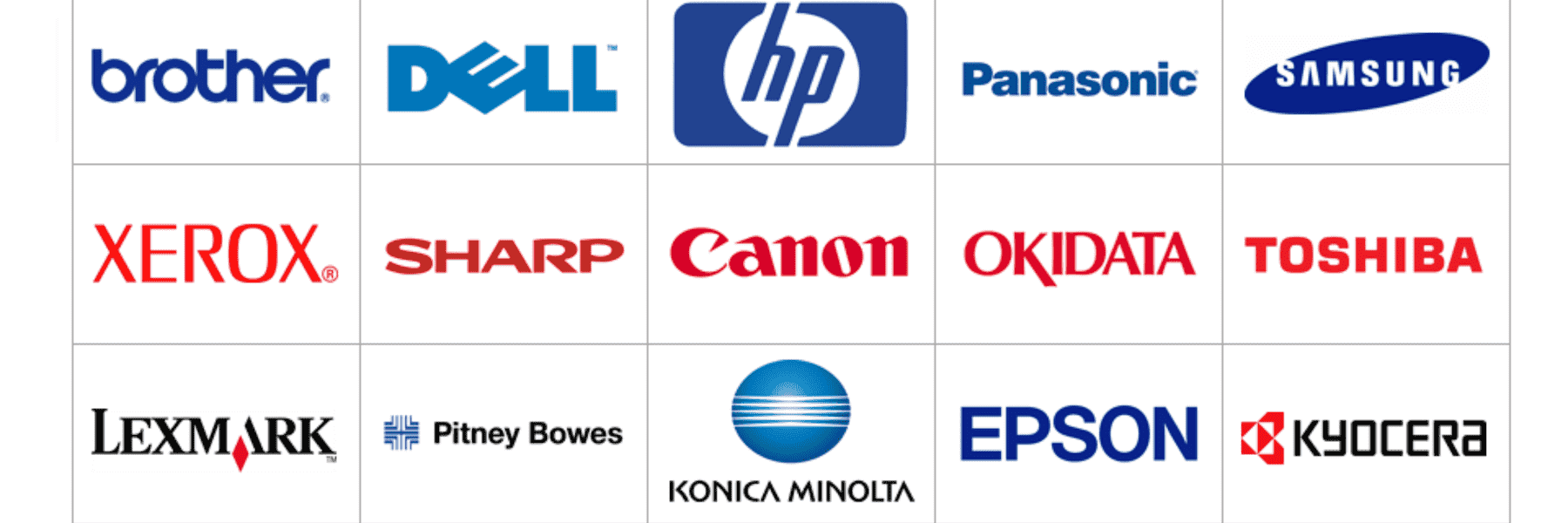 A list of 15 major printer brands with their logos displayed