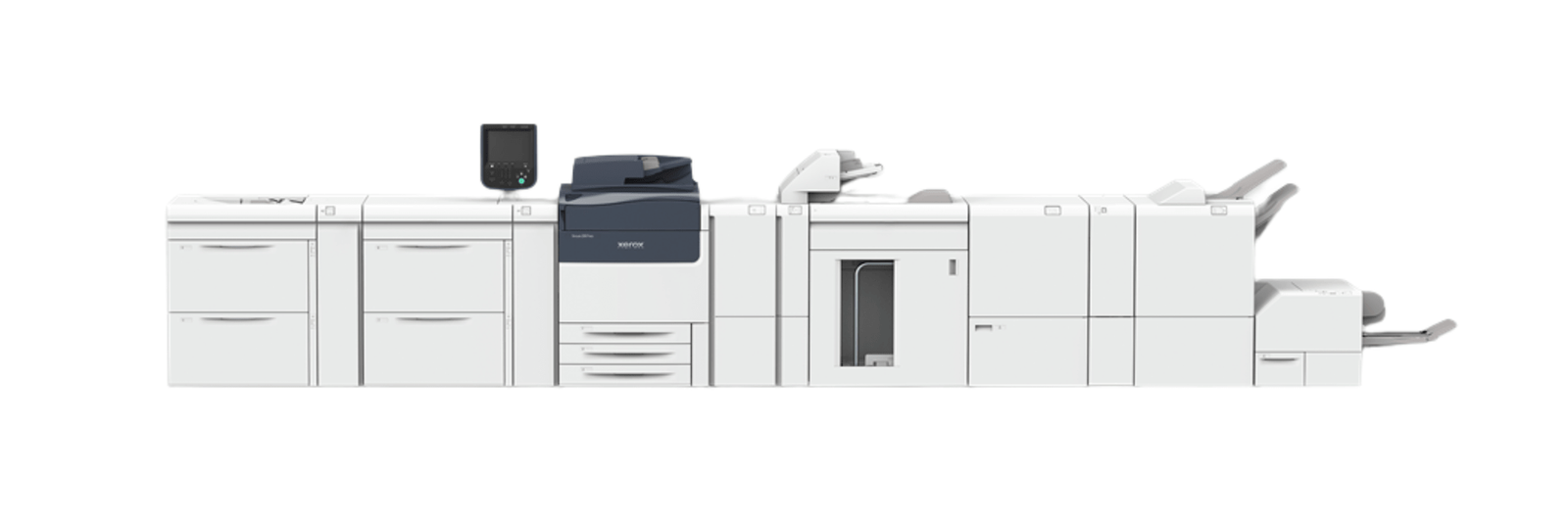 A picture of the Xerox Versant 280 with additional accessories and finishers added on a white background
