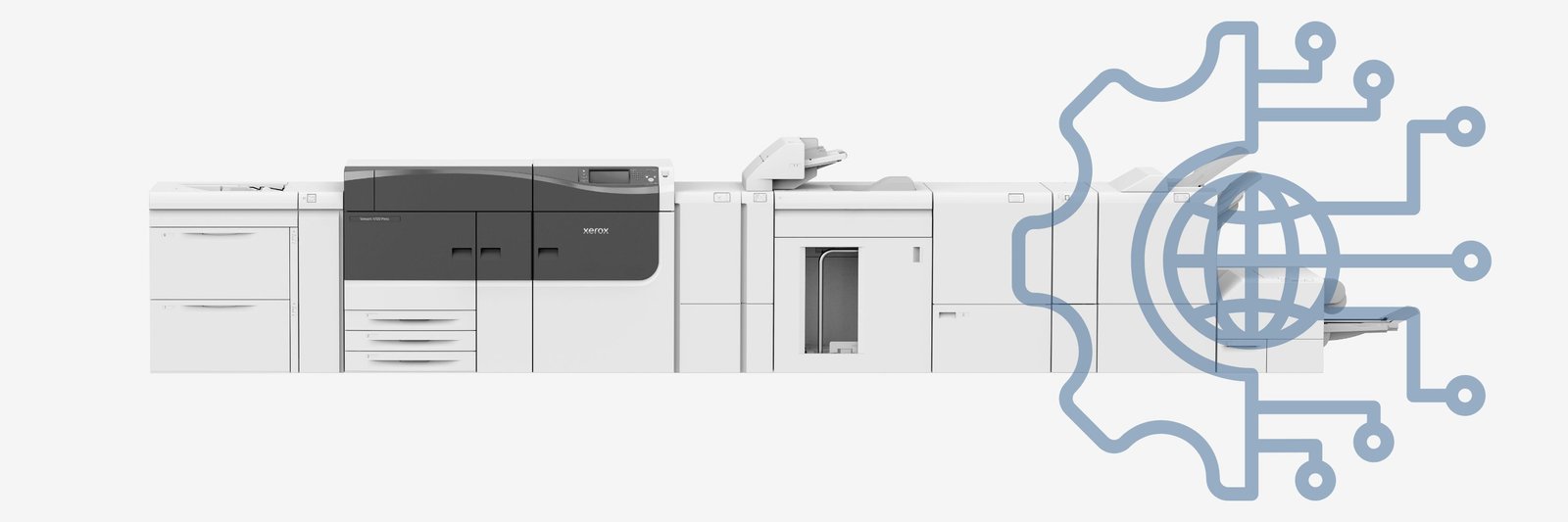 A Xerox Versant 4100 with a digital tech graphic overlay