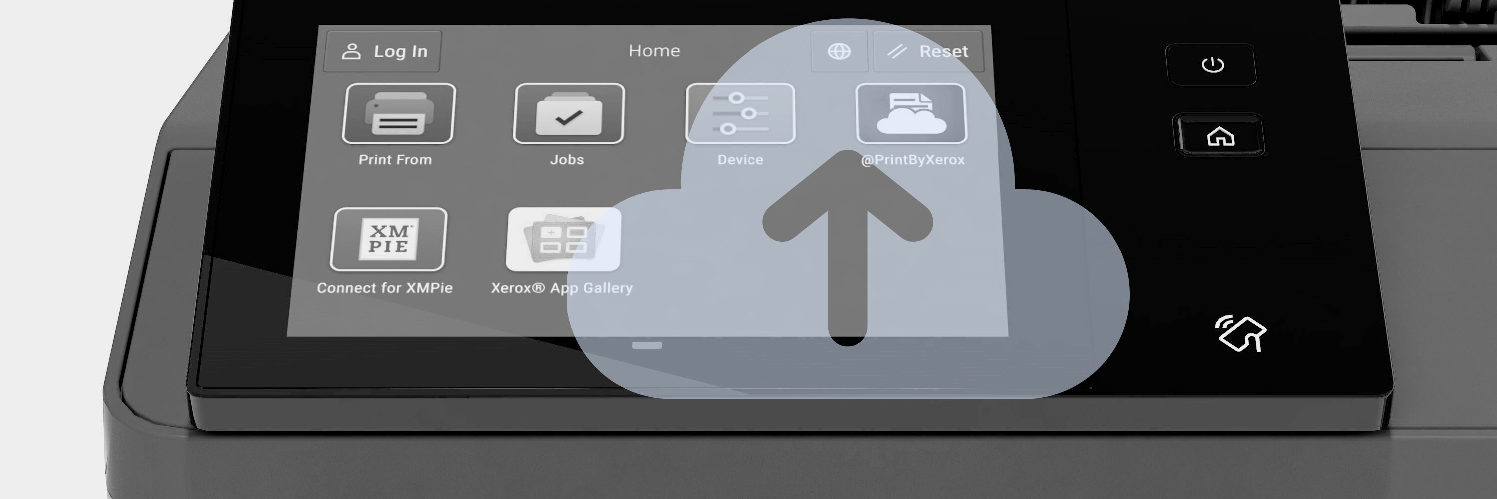 Xerox touchscreen homepage with apps_with cloud backup overlay icon