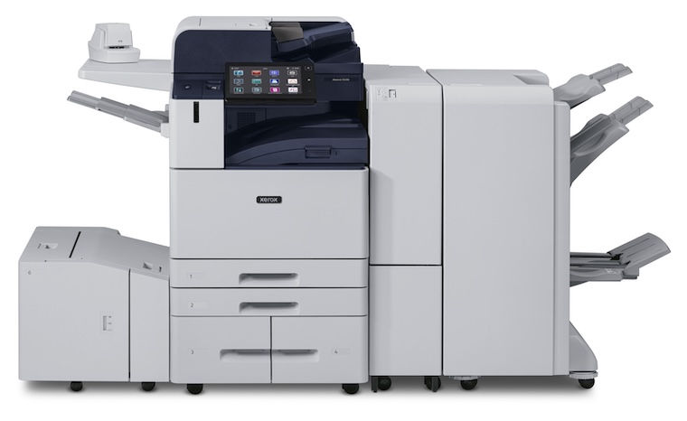 A Xerox AltaLink C8200 Series model with added finishers
