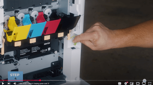How to replace black/color imaging kit on Xerox VersaLink C625_Step 4_Unplug green RJ11 cord