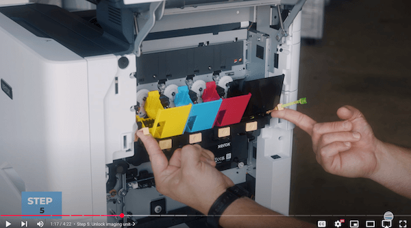 How to replace black/color imaging kit on Xerox VersaLink C625_Step 5_Unlock imaging unit