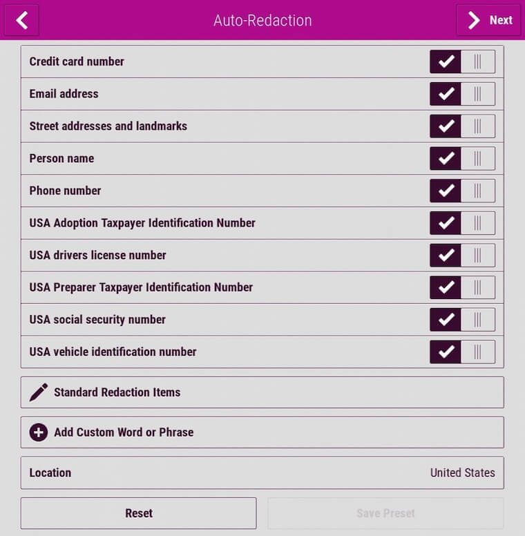 Preview of information you can redact on the Auto-Redaction app