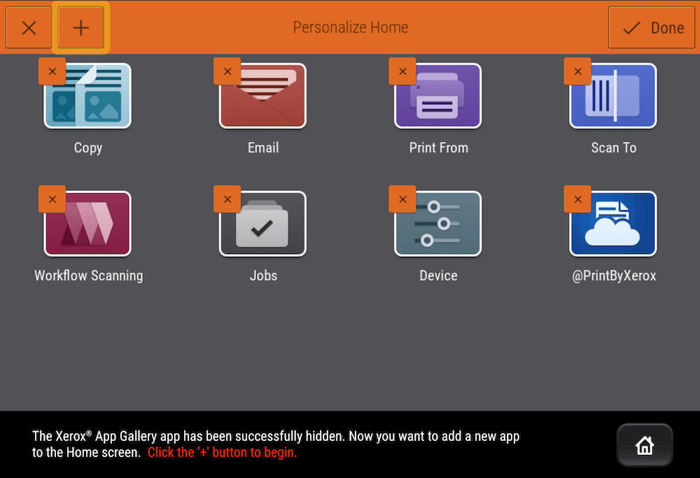 ConnectKey UI Home Screen Add an App Button