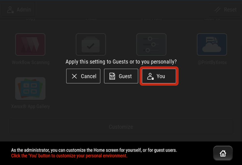 ConnectKey UI Home Screen Who to Apply Setting to