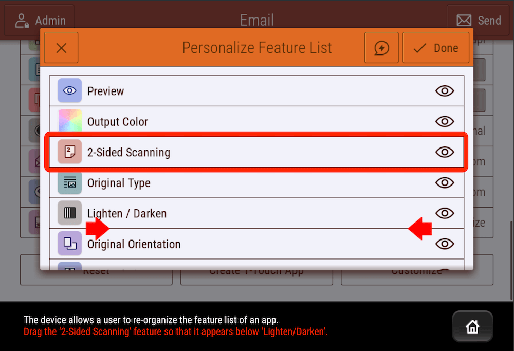 xConnectKey UI App Personalize Feature List_Reorder Menu Features