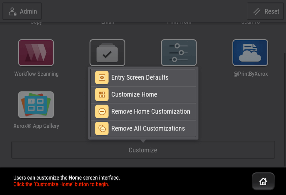 ConnectKey UI Home Screen Customize Button Menu
