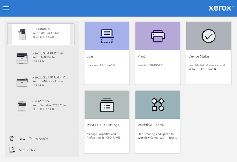 Xerox Print & Scan Experience app home menu