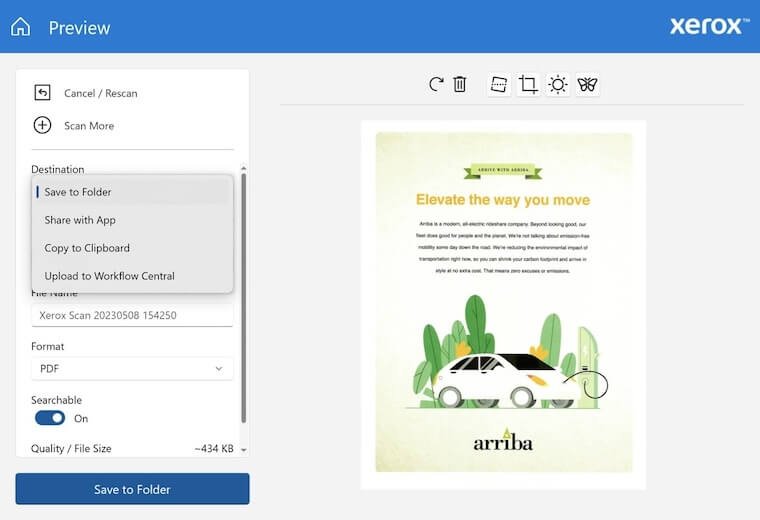 Xerox Print & Scan Experience app scan options preview