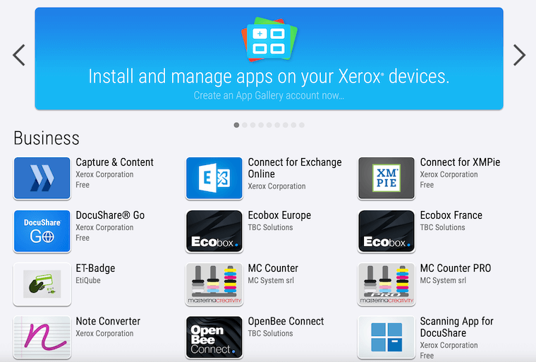 Screenshot of the Xerox App Gallery