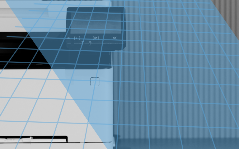 Printer over black and white screen with blue shadows.