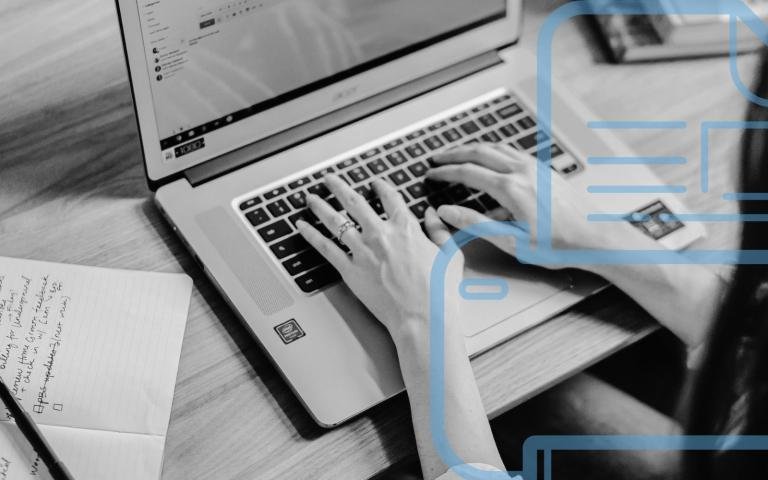 A woman works on a Chromebook with graphic overlay of a printer