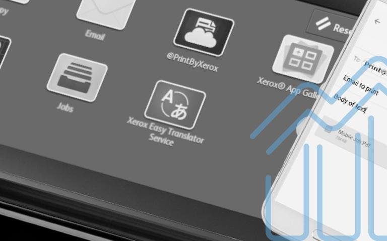 A printer digital interface with a hand holding a phone and a graphic overlay of increase