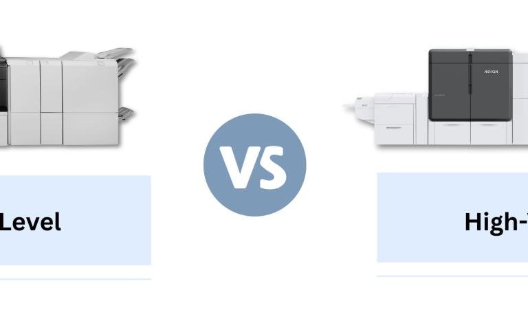 A PrimeLink C9200 Series printer (entry-level) on the left and a Xerox Iridesse (high-volume) Press on the right