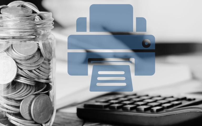 A jar full of coins in an office with an overlay of a printer