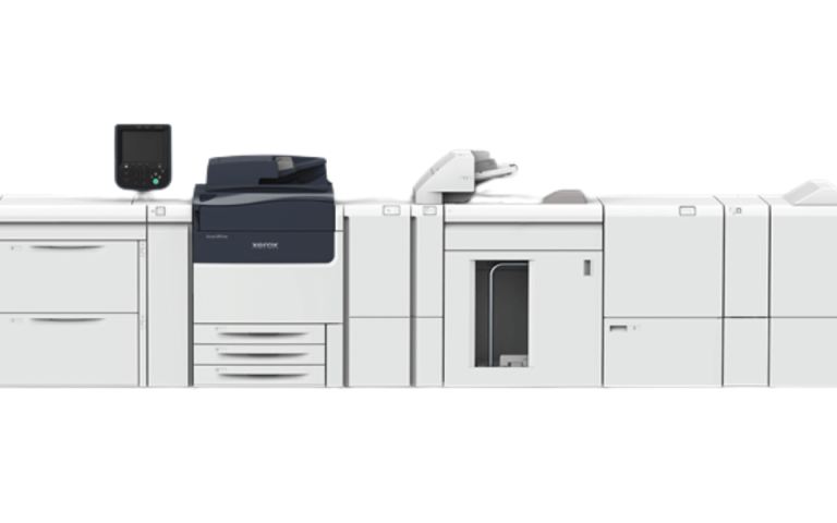 A picture of the Xerox Versant 280 with additional accessories and finishers added on a white background