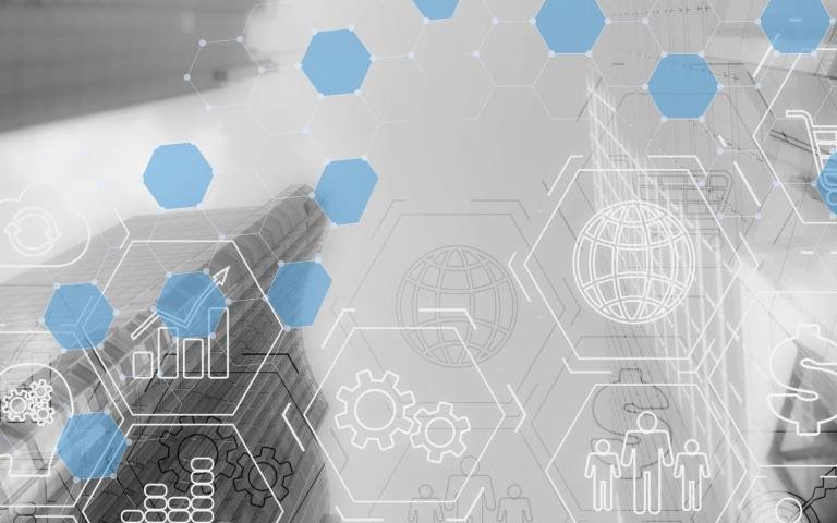 Enterprise building surrounded by digital interface