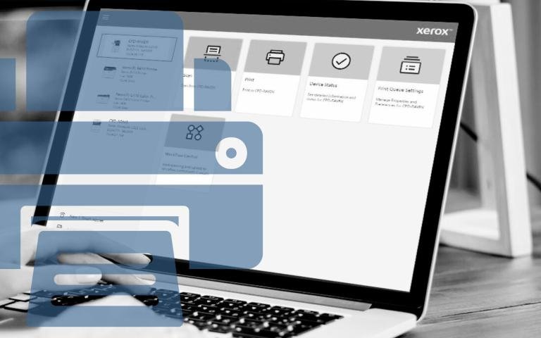 Woman using the Xerox Print & Scan Experience app on laptop