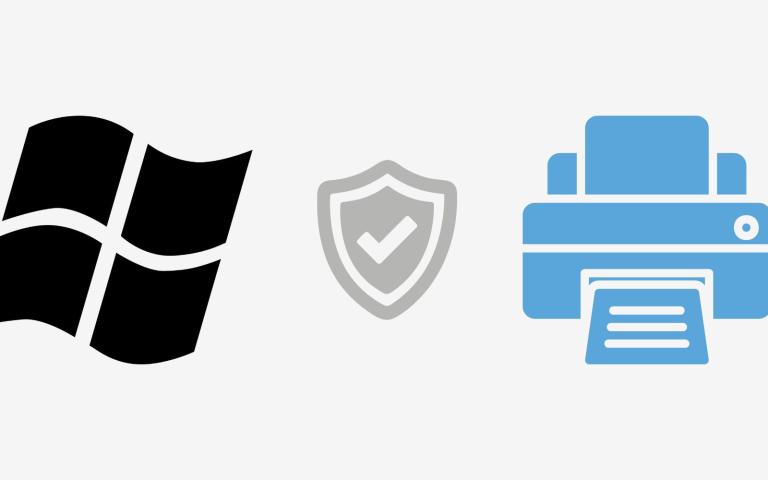 A windows icon next to icons of a protection shield and a printer