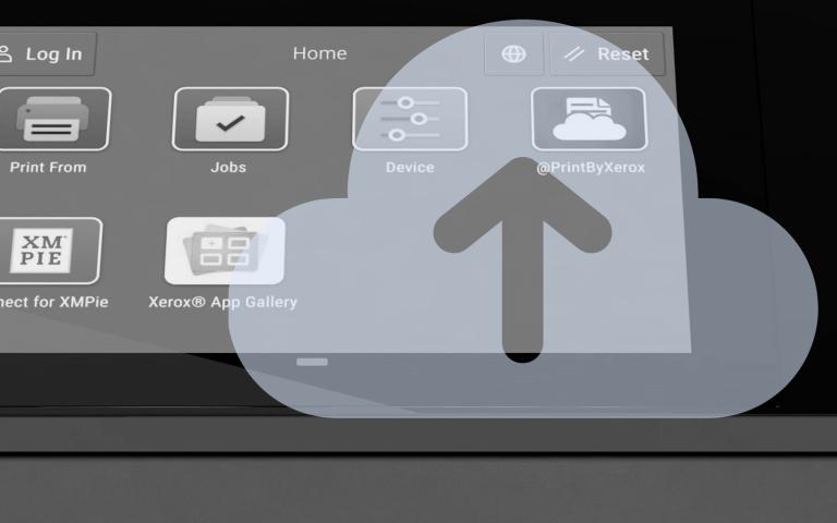 Xerox touchscreen homepage with apps_with cloud backup overlay icon