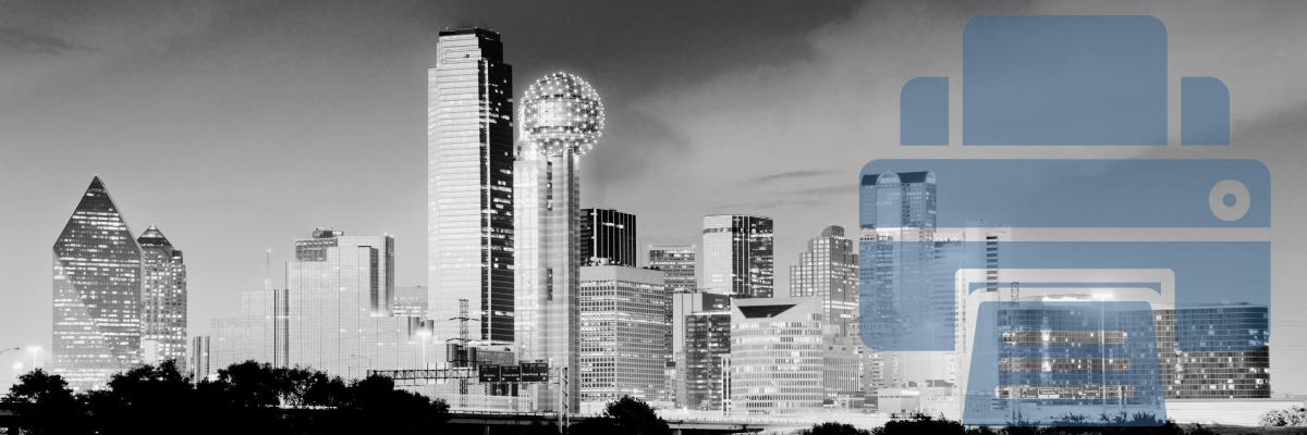 A landscape view of the city of Dallas with an overlay of a printer