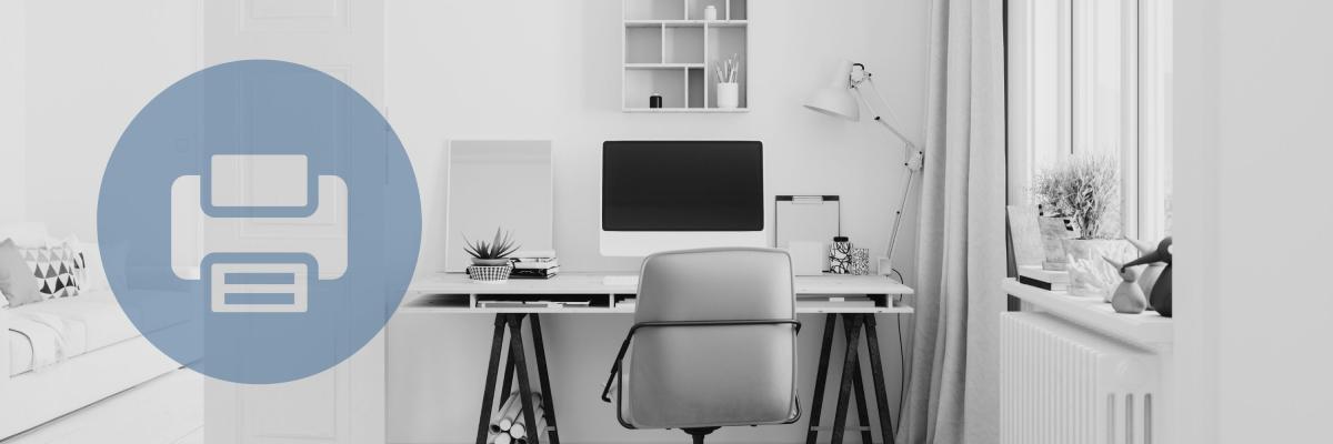 A home office with a graphic overlay of a printer