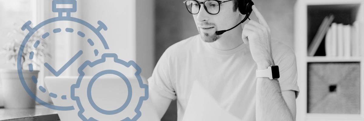 Remote worker with headphones and a graphic overlay of a clock