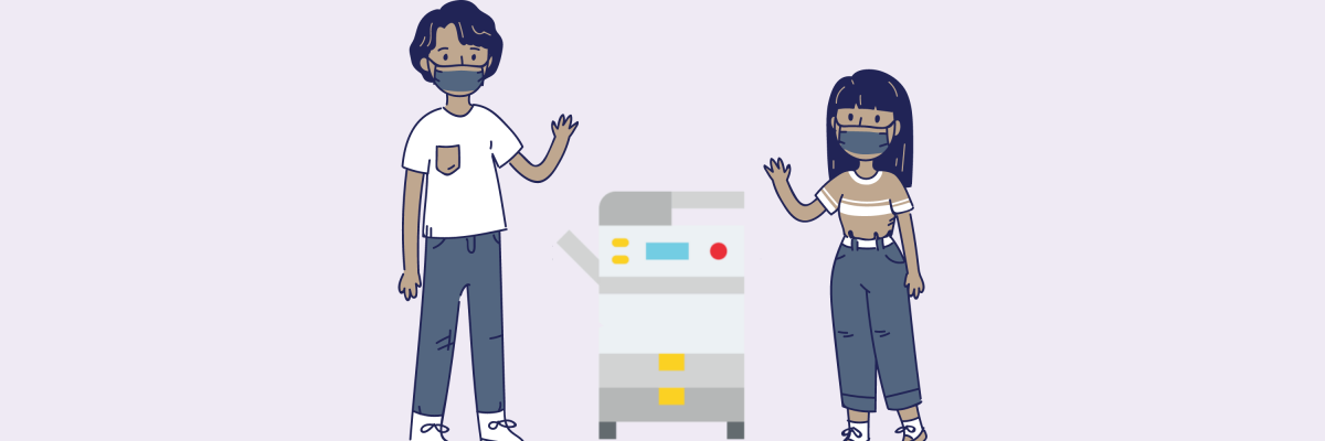 Two animated humans wearing masks next to a copier