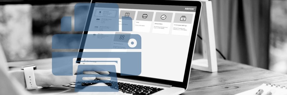 Woman using the Xerox Print & Scan Experience app on laptop