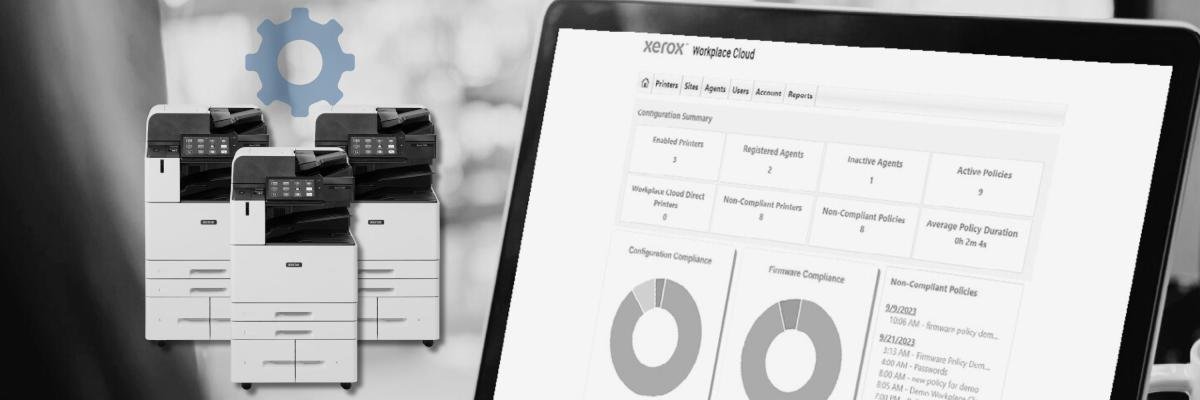 Xerox Workplace Cloud Fleet Management Dashboard next to a fleet of Xerox printers