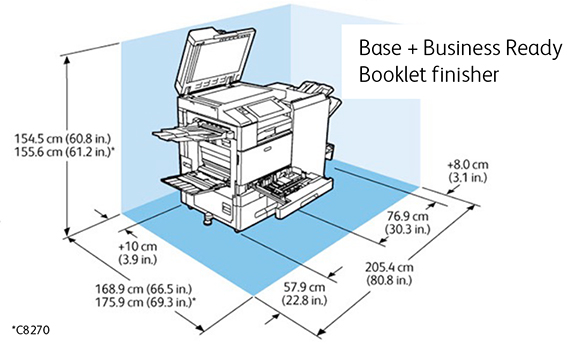 Xerox AltaLink C8270 space requirements + service space envlope with a Business Ready Booklet Finisher