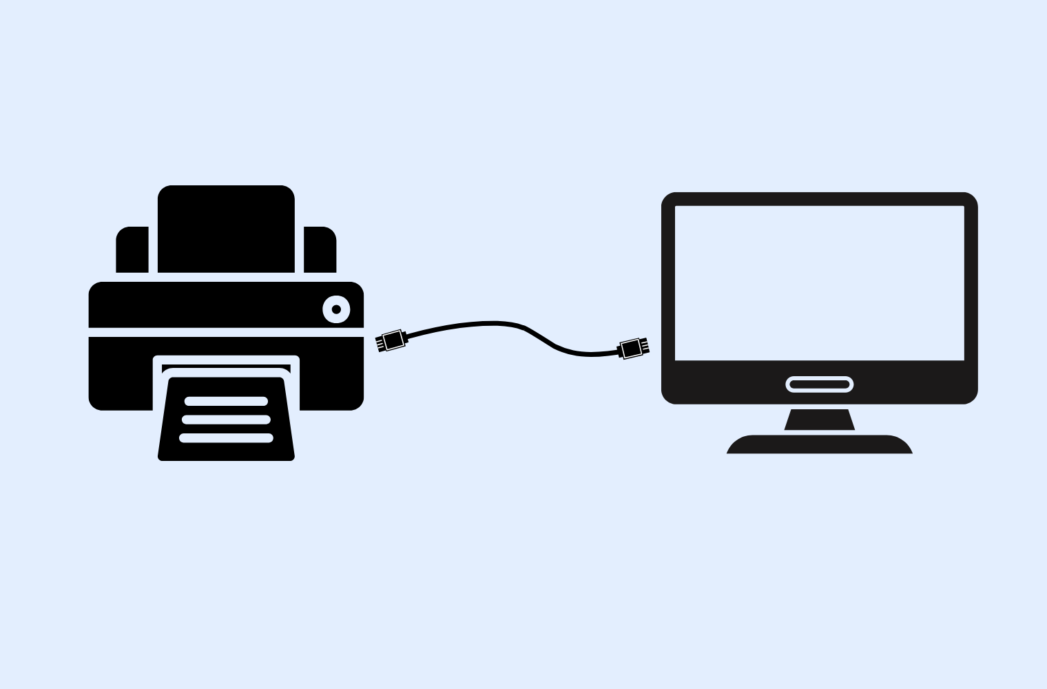 A graphic showing a local printer setup with a printer connected to a computer via USB