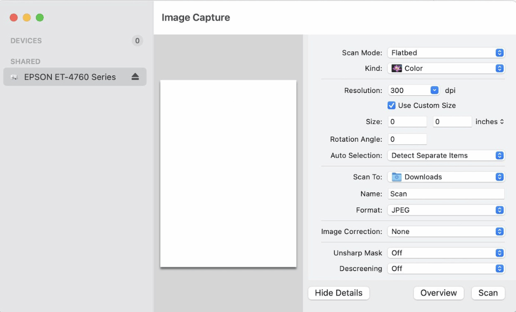 Image Capture application UI on MacOS computer