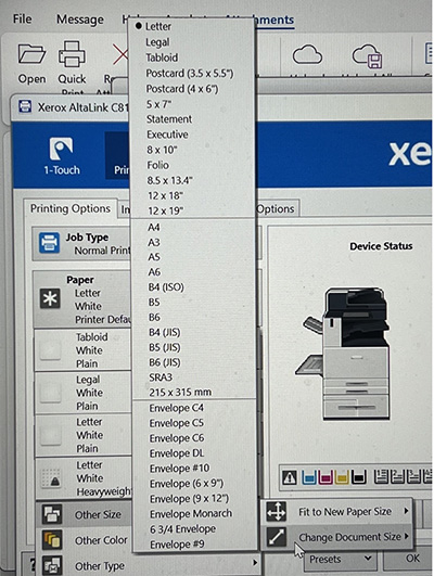 Example of print settings (paper size) from a computer application