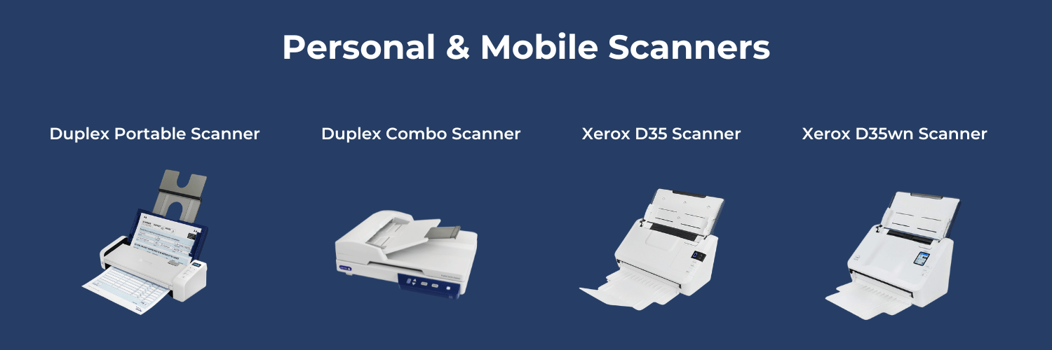 A graphic showing the four scanners in Xerox's personal and mobile scanner category