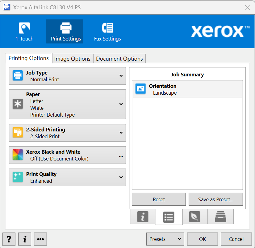 Printer properties for Xerox printer on a computer