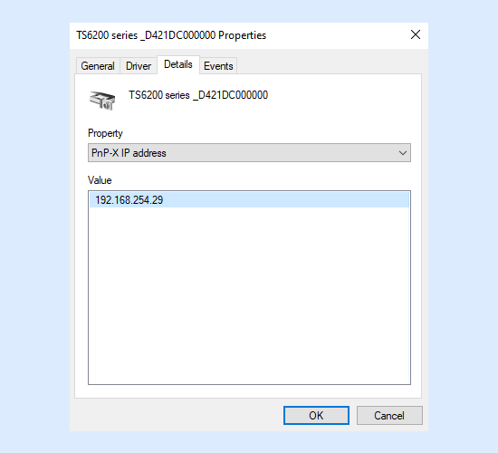 Printer IP address on Windows example