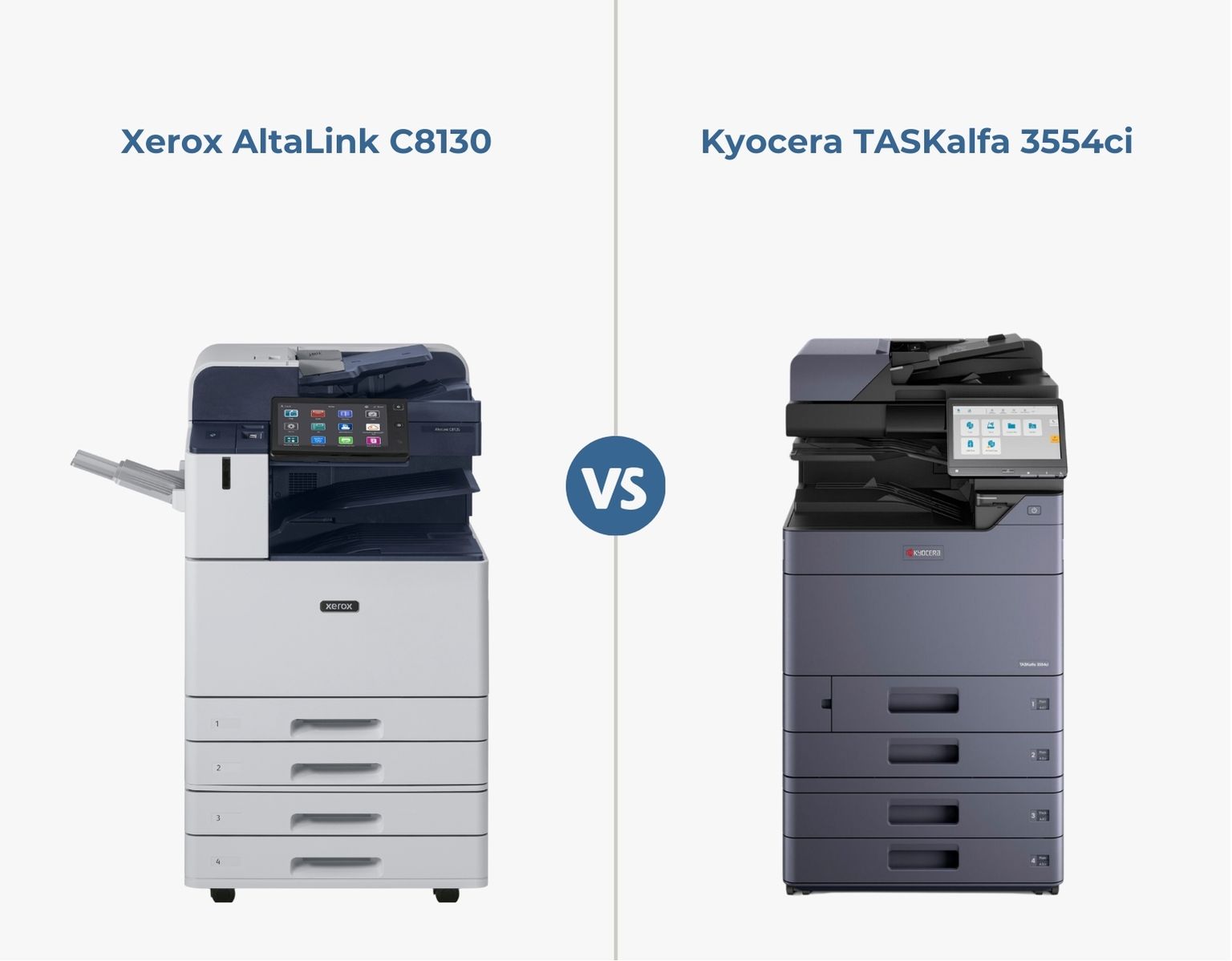 Simple side by side comparison of printer models: Xerox C8130 and Kyocera TASKalfa 3554ci