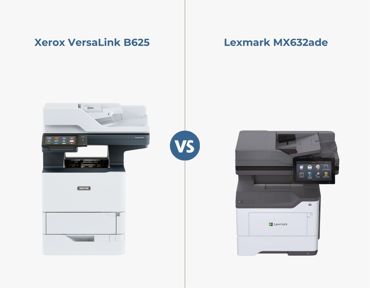 A comparison graphic of the Xerox VersaLink B625 and the Lexmark MX632ade