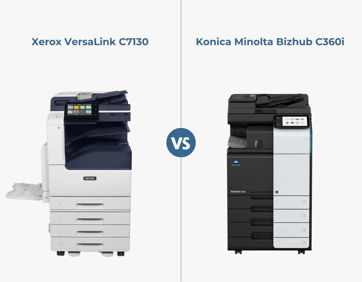 Graphic comparison (side by side) of two printer models: Xerox VersaLink C7130 and Konica Minolta Bizhub C360i