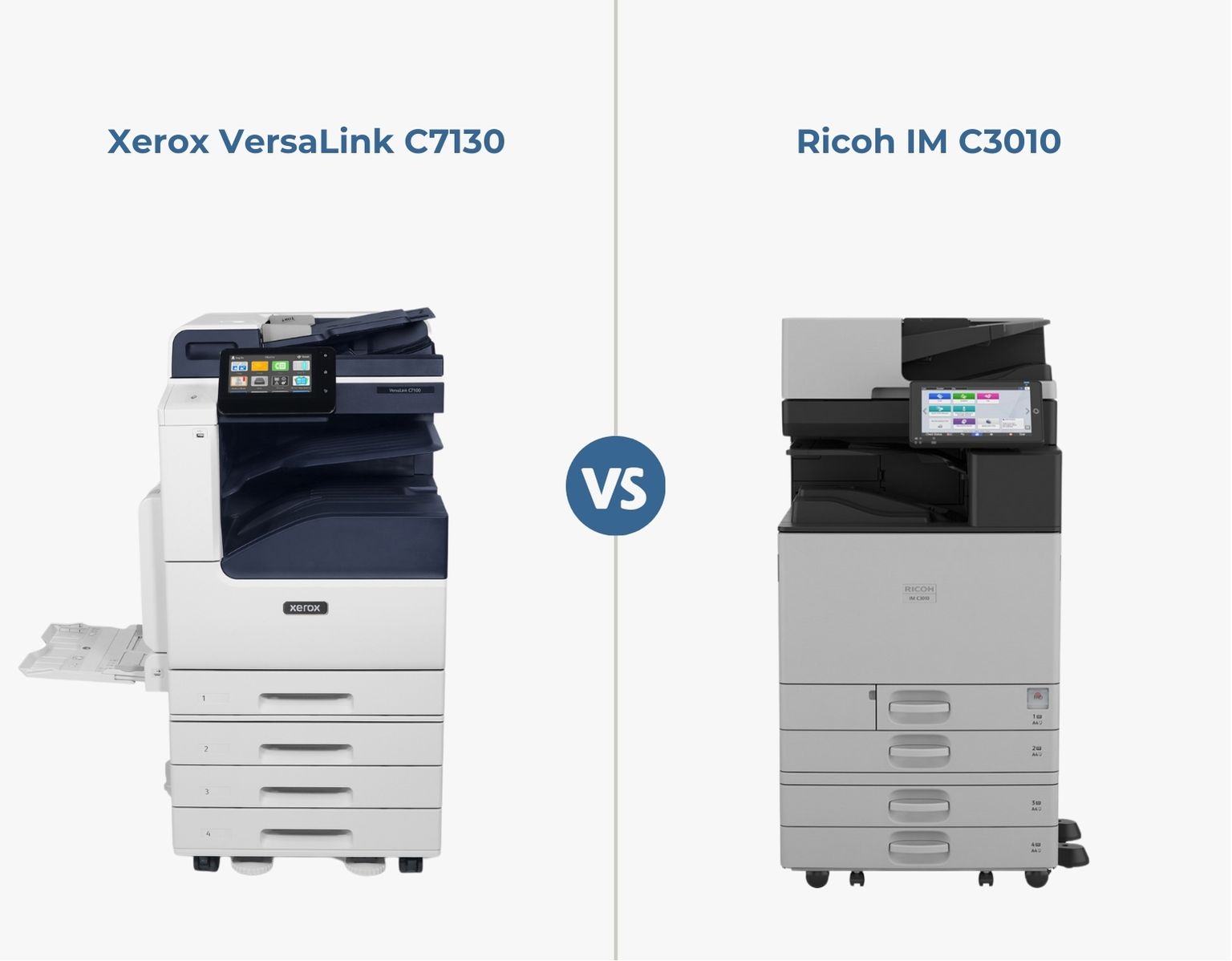 Graphic comparison between 2 printer models: Xerox VersaLink C7130 vs. Ricoh IM C3010