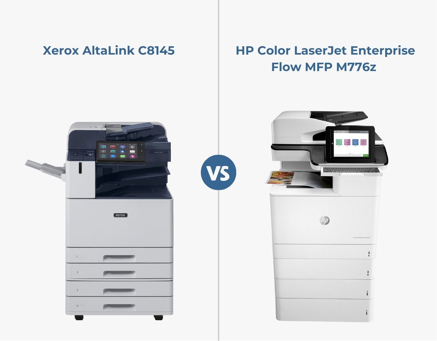 Graphic comparison of printer models: Xerox AltaLink C8145 vs. HP Color LaserJet Enterprise MFP M776z