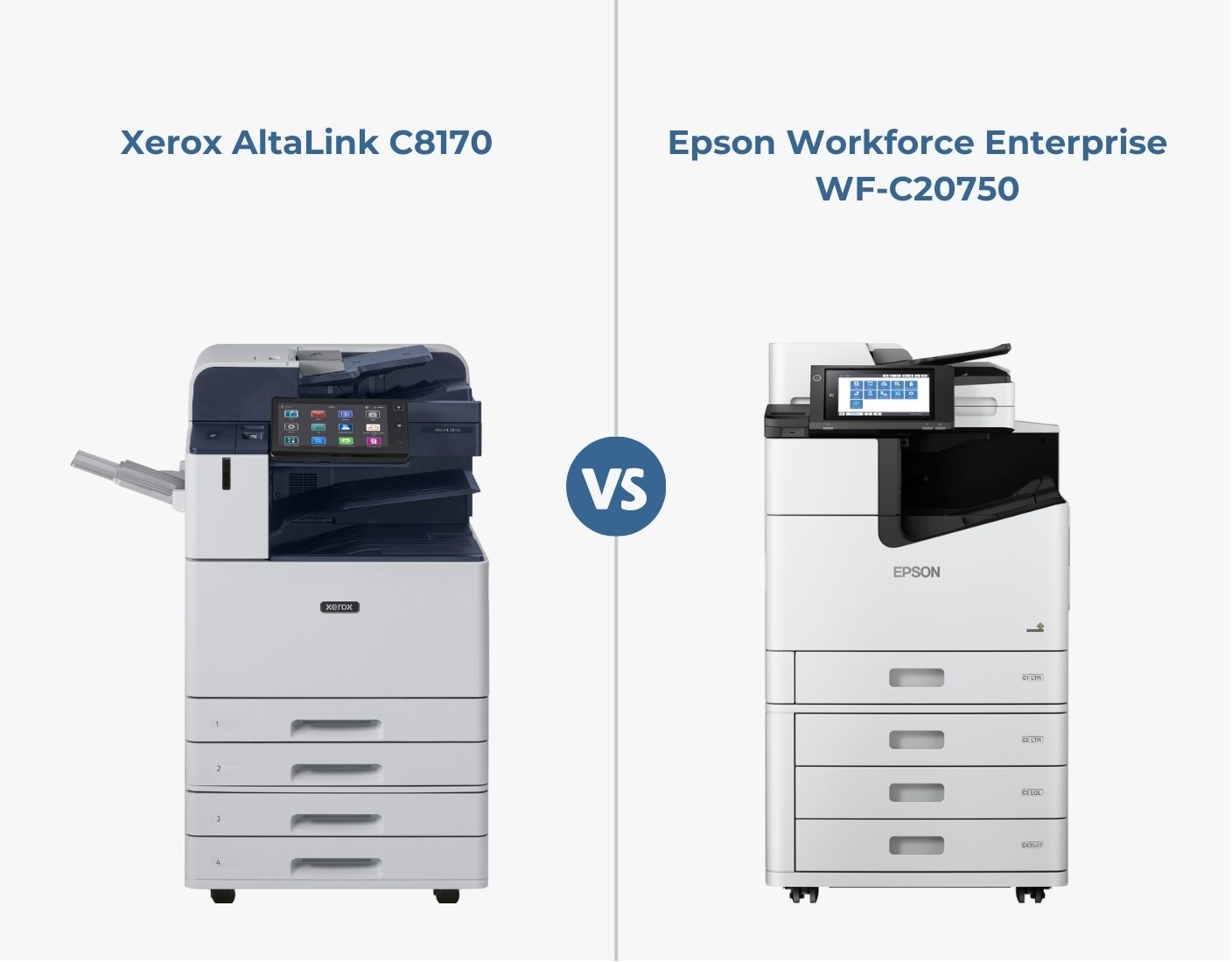 Comparison graphic (side by side): Xerox AltaLink C8170 vs. Epson Workforce Enterprise WF-C20750