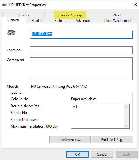 Example of HP’s Universal Print Driver screenshot